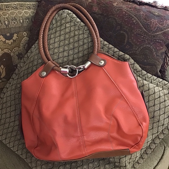 Coral orange brown Handbag purse braided handles 14” x 18” including handles EUC - Picture 15 of 15